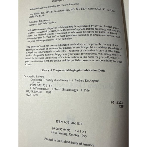 Confidence : Finding It and Living It by Barbara De Angelis Hardcover 1995 - Picture 4 of 6